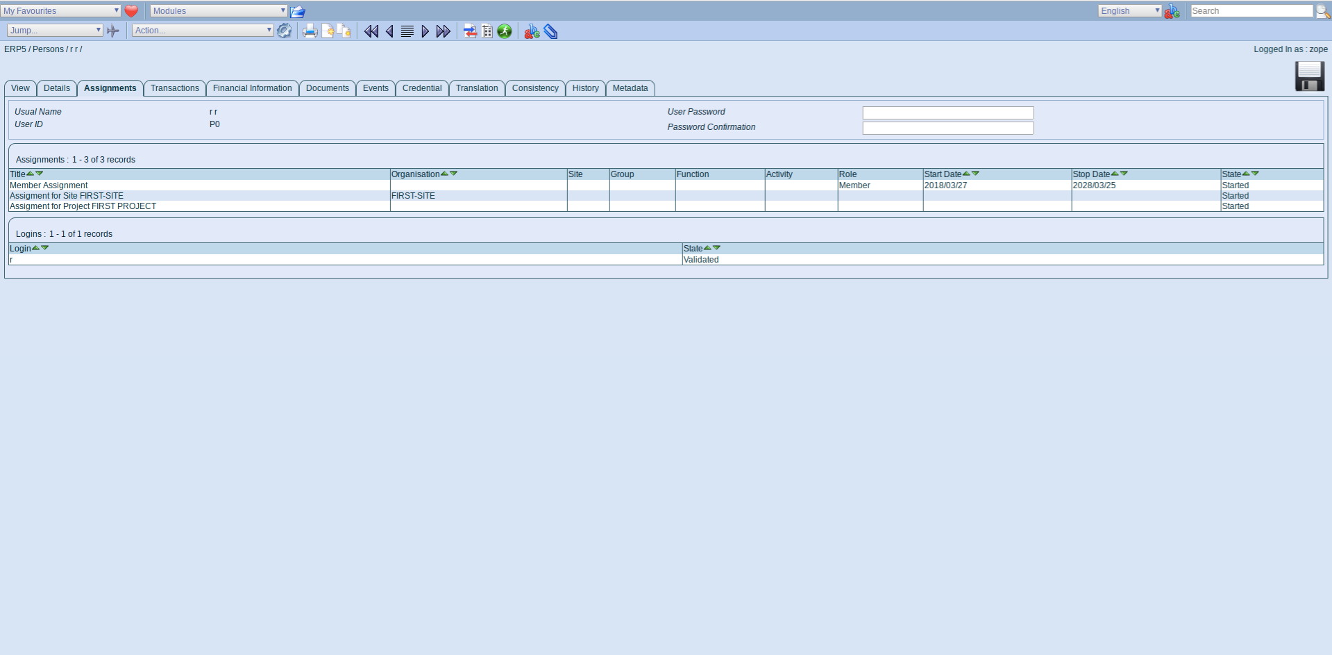 ERP5 Interface - Assignments Tab